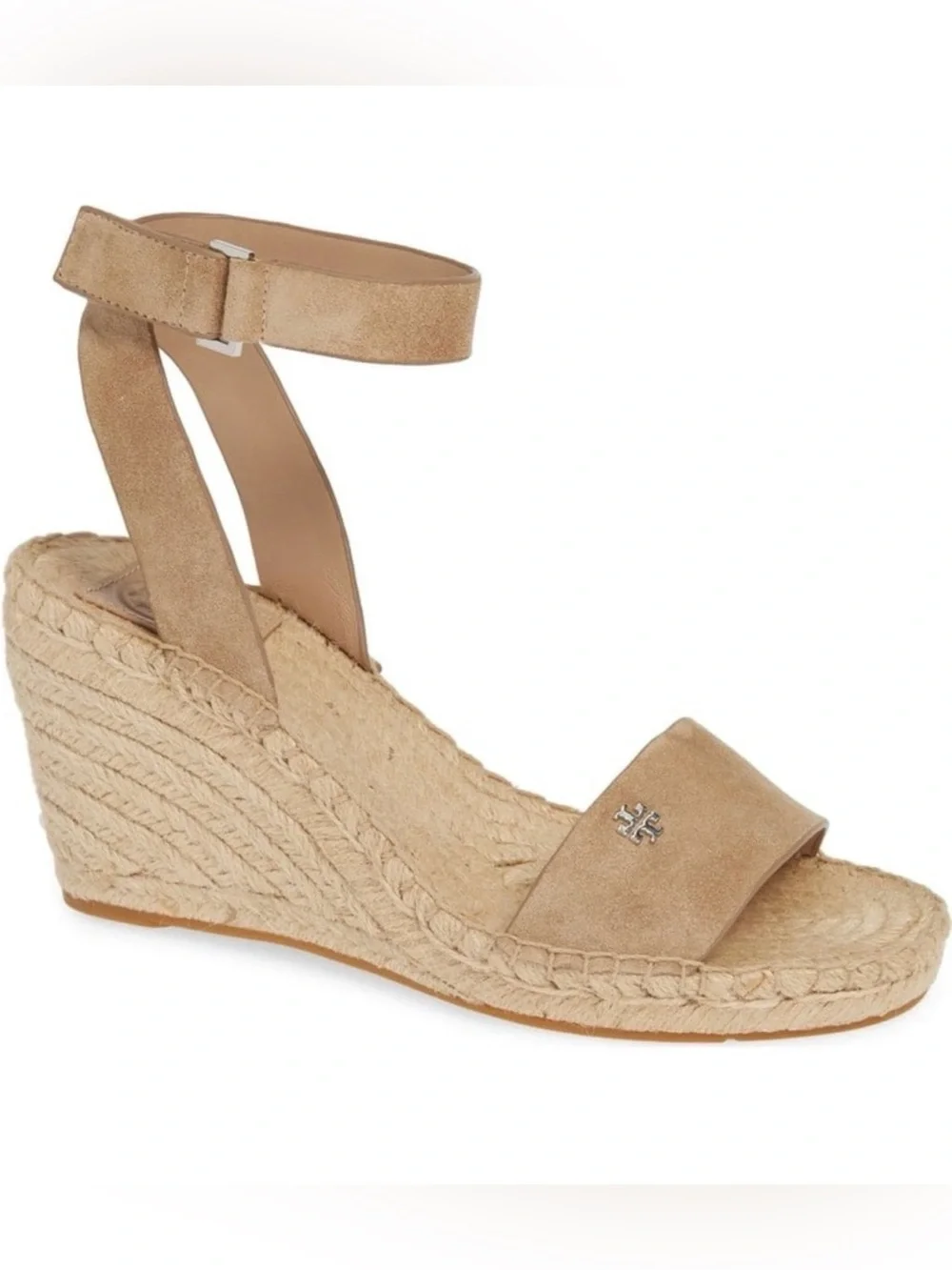 Tory Burch Beige Suede Ankle-Strap Espadrille Wedge